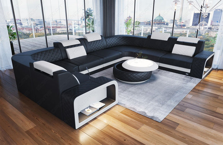 Mini U Form Ledersofa Foggia mit LED in schwarz - weiss