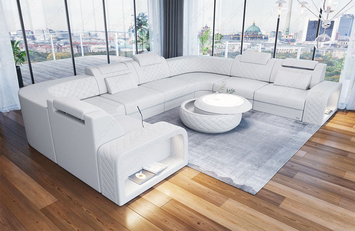 Mini U Form Ledersofa Foggia mit LED in komplett weiss