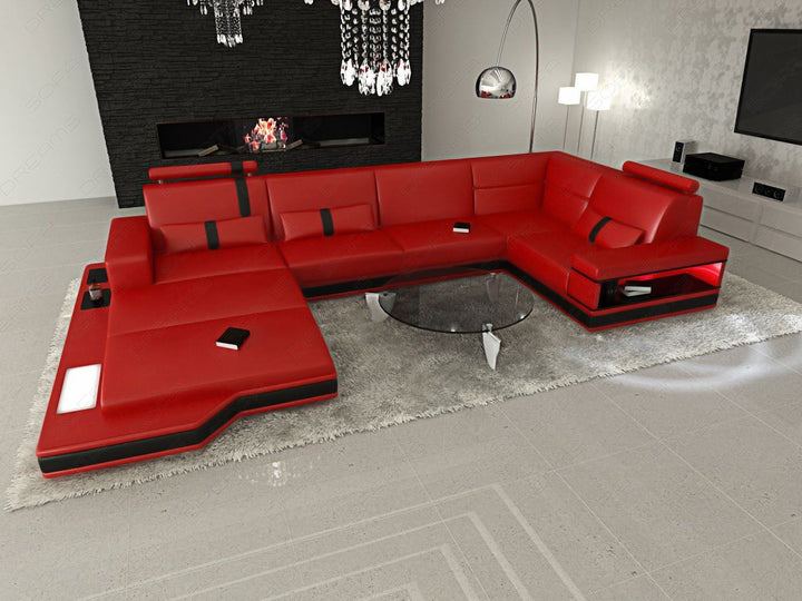 U Form Ledersofa Messana Mini in den Farben rot-schwarz