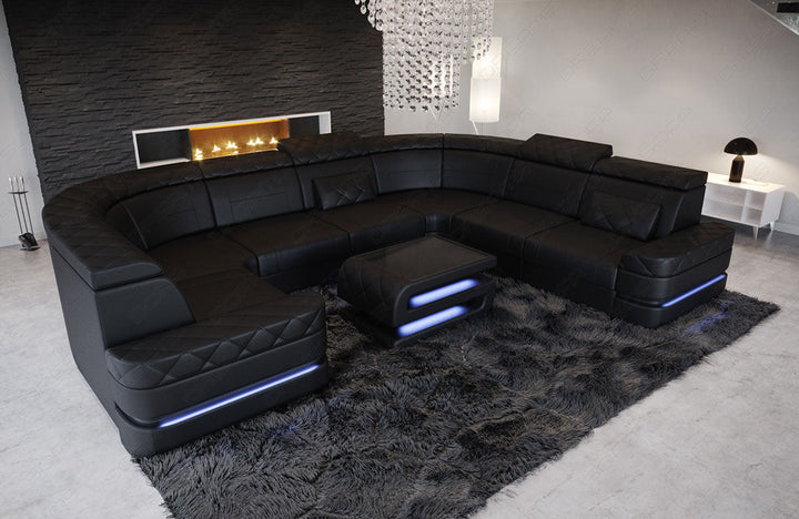 U Form Mini Ledersofa Positano in komplett Schwarz