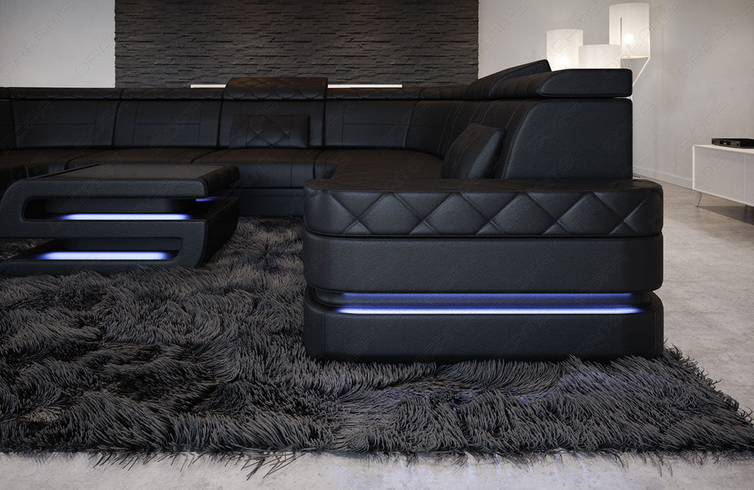 U Form Mini Ledersofa Positano in Schwarz -Seitenansicht