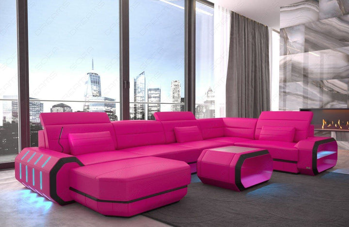 Mini U Form Ledersofa Roma mit LED und auch USB - pink-schwarz