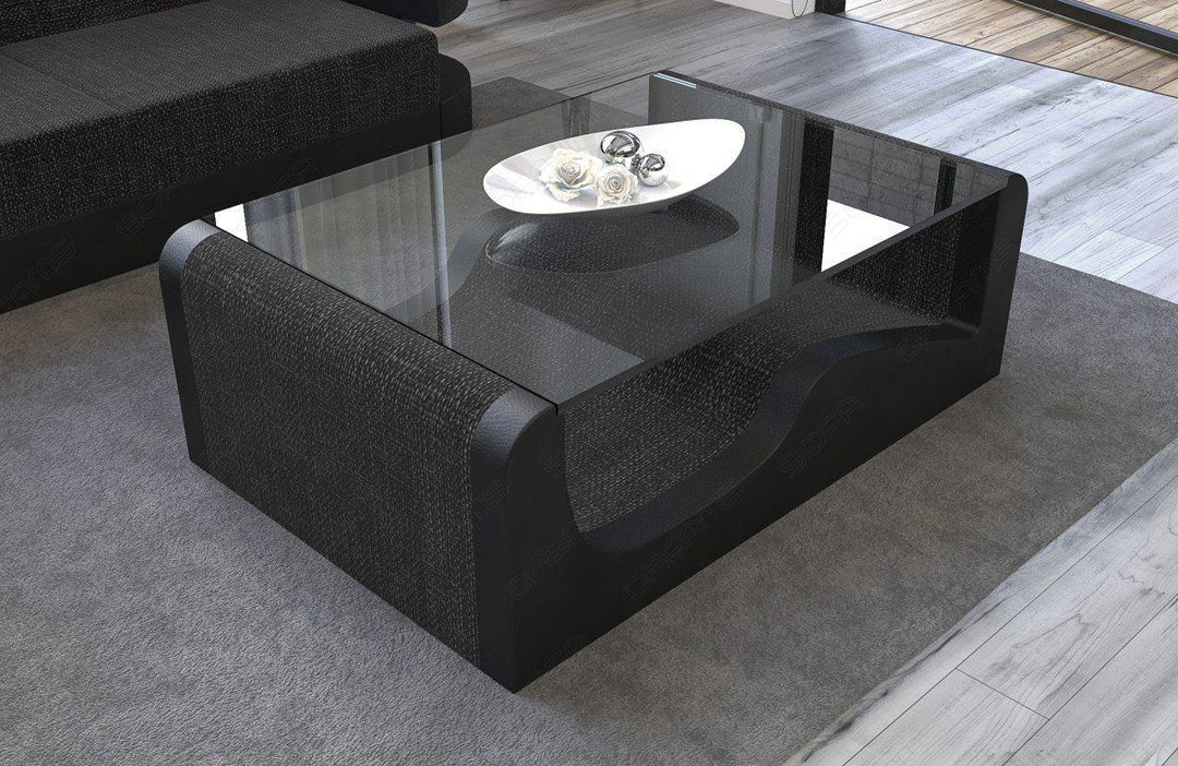 Stoff Couchtisch mit Sicherheitsglasplatte Wave in schwarz-grau - Hugo12 Strukturstoff