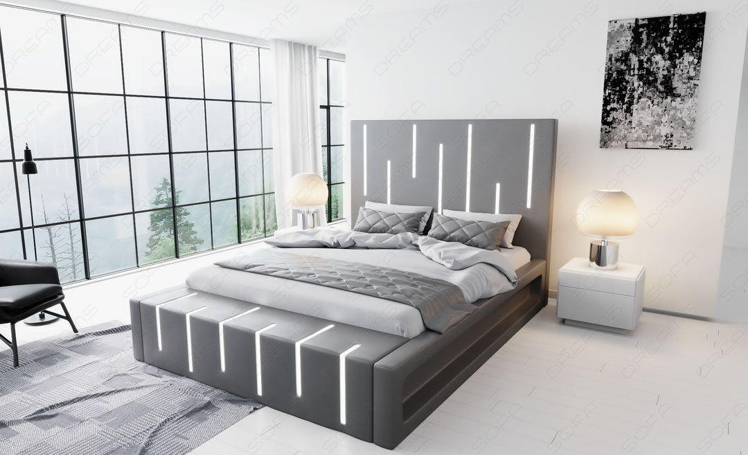 Designerbett Milona in grau mit schwarzem Seitenkasten