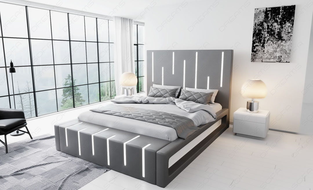 Designerbett Milona in grau mit weissem Seitenkasten