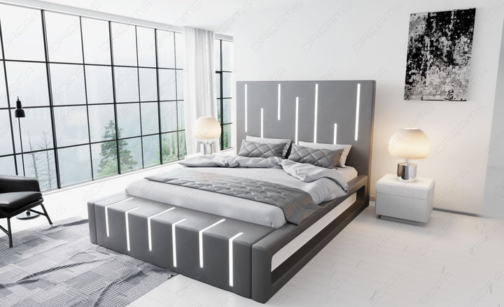 Designerbett Milona in grau mit weissem Seitenkasten
