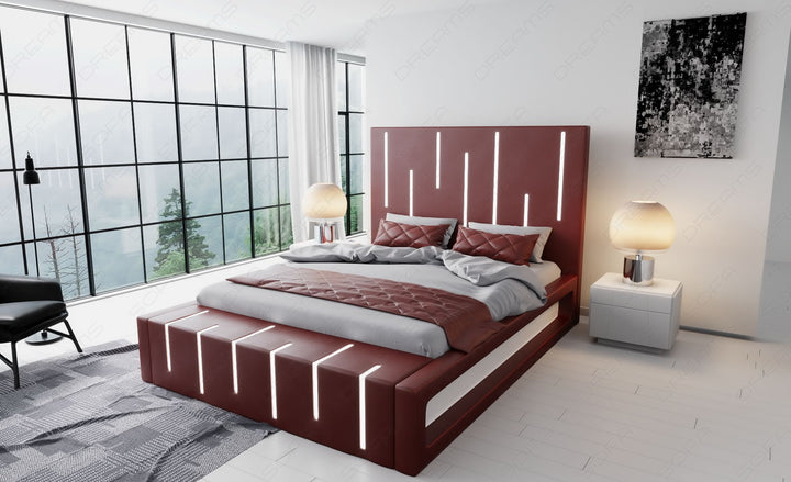 Designerbett Milona in rot mit weissem Seitenkasten