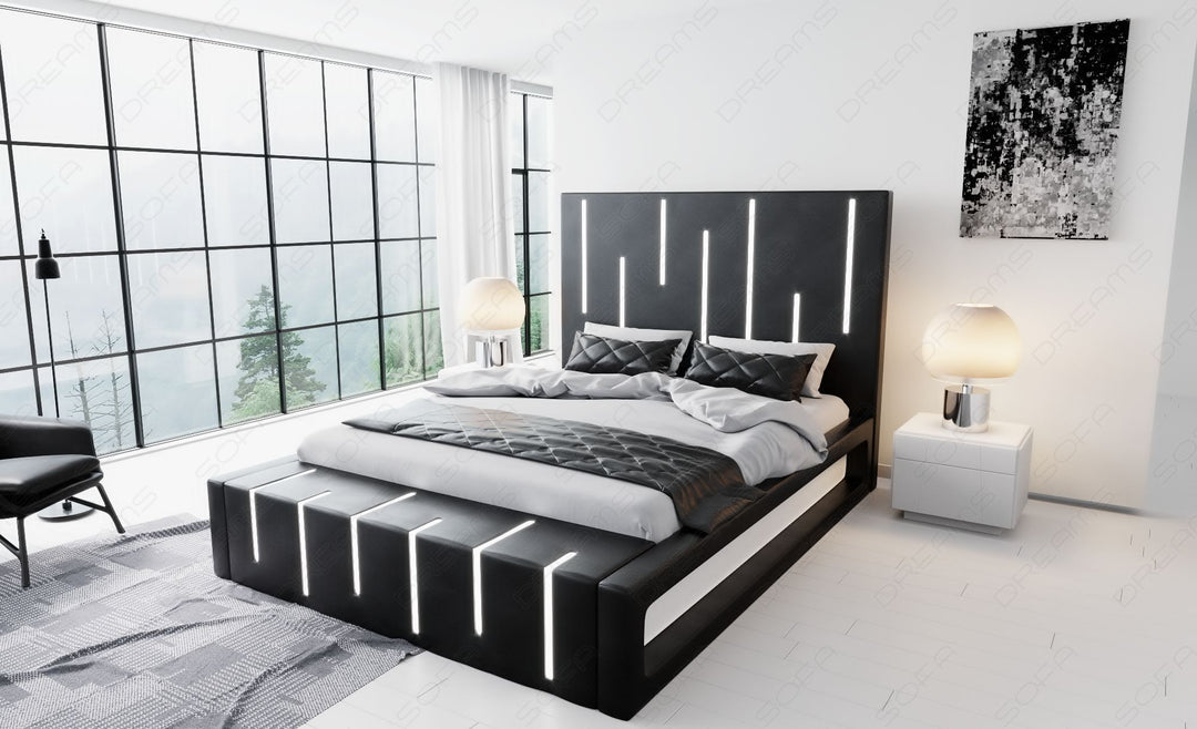 Designerbett Milona in schwarz mit weissem Seitenkasten
