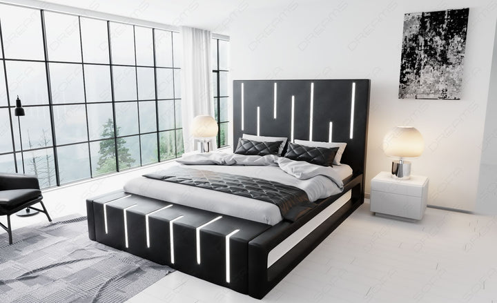 Designerbett Milona in schwarz mit weissem Seitenkasten