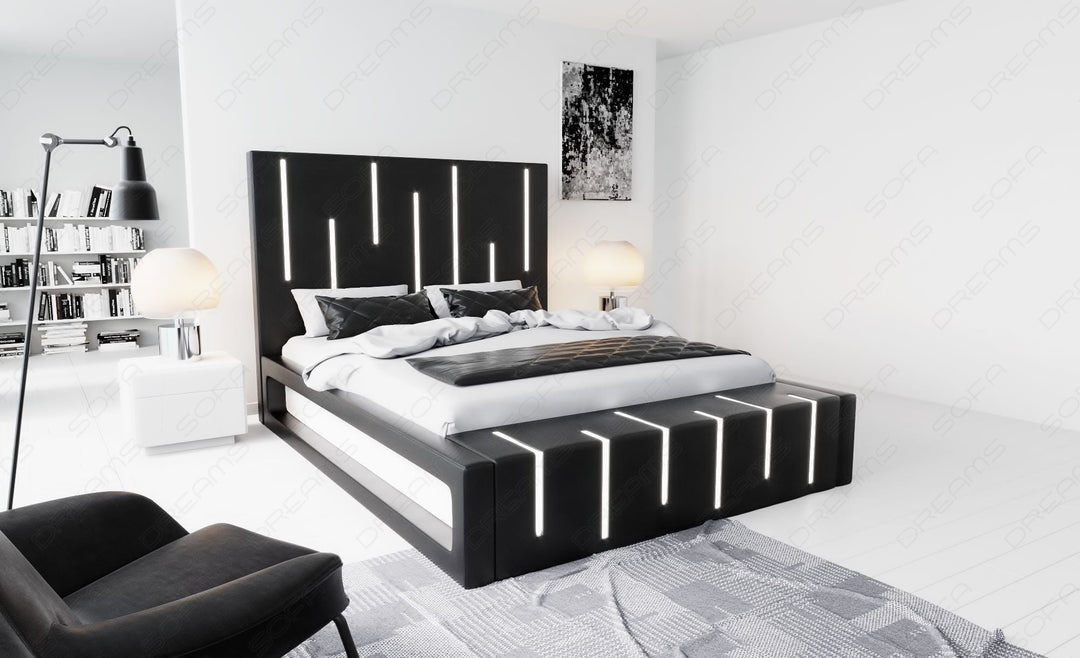 Designerbett Milona in schwarz mit weissem Seitenkasten