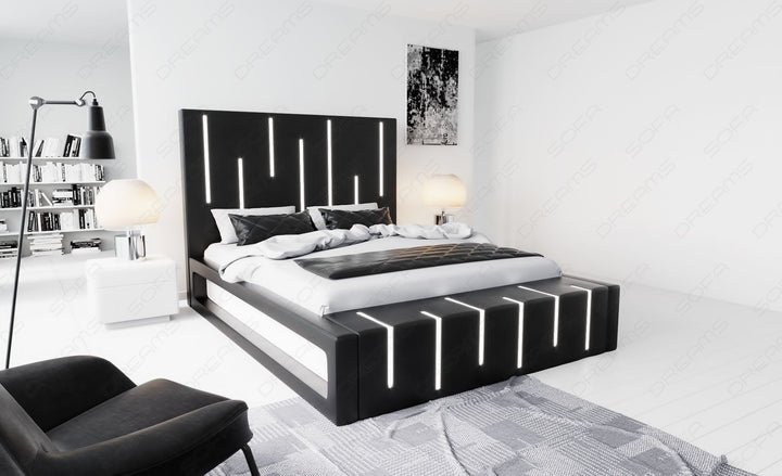 Designerbett Milona in schwarz mit weissem Seitenkasten