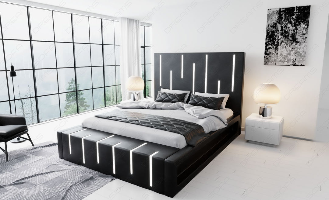 Designerbett Milona in schwarz mit schwarzem Seitenkasten