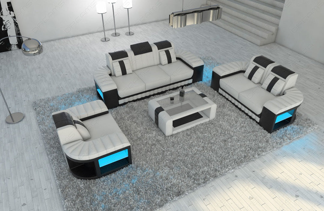 Leder Sofa Garnitur Bellagio 3-2-1 LED Beleuchtung in weiss-schwarz