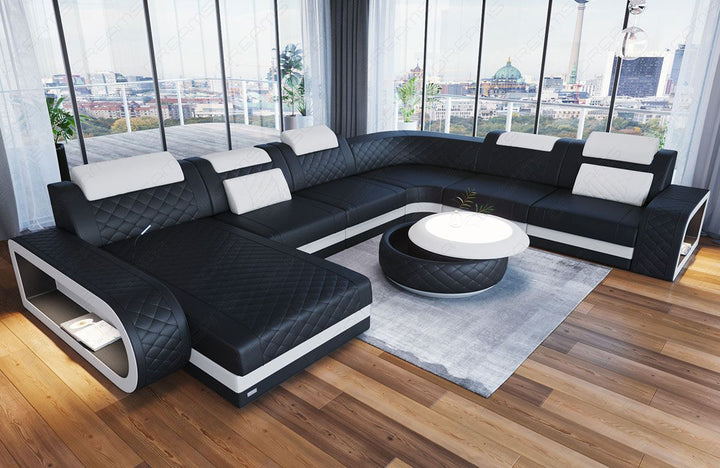 Mini U Form Ledersofa Berlin XXL mit schmalen SitzflÃ¤chen in Farbe weiss