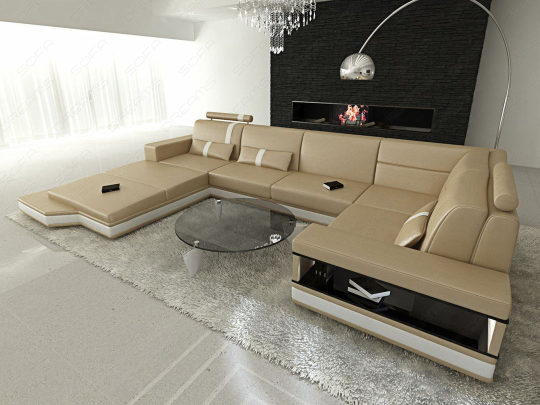 U Form Ledersofa Messana Mini sandbeige-weiss
