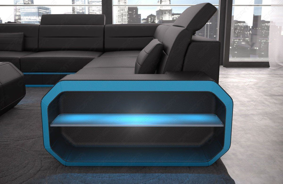 Moderne Leder Wohnlandschaft mit LED Beleuchtung in schwarz-blau