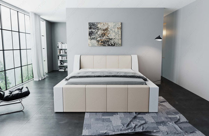 Kunstleder Designer Bettgestell Fermo Frontansicht in beige-weiÃŸ
