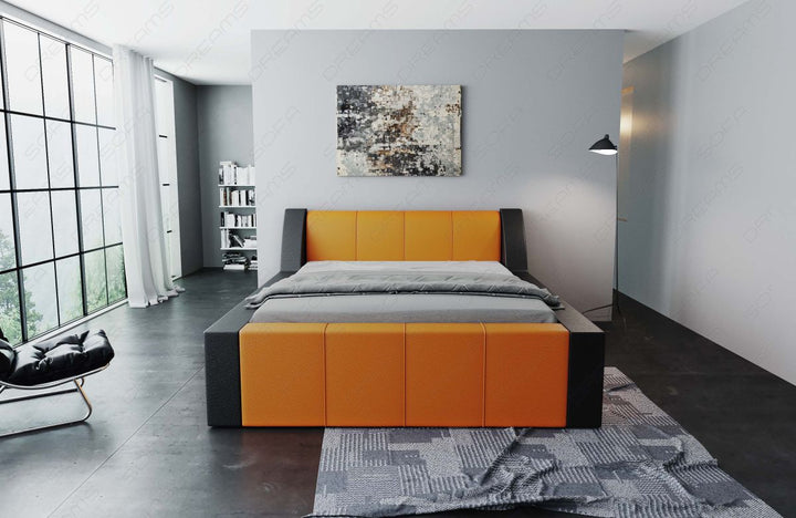 Kunstleder Designer LED Bettgestell Fermo Frontansicht in orange-schwarz