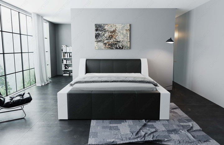 Kunstleder Designer Bettgestell Fermo Frontansicht in schwarz-weiÃŸ