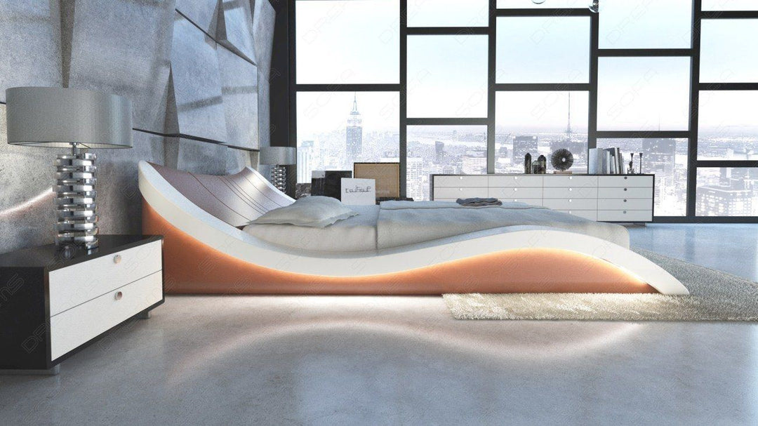 Design Bett Frankfurt in dunkelbraun Nebenfarbe weiss