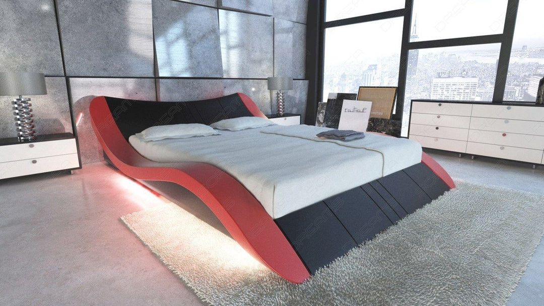 Luxus Ehebett Frankfurt in Leder schwarz Nebenfarbe rot