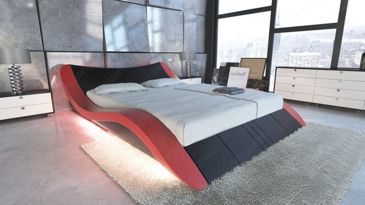 Luxus Ehebett Frankfurt in Leder in schwarz Nebenfarbe rot