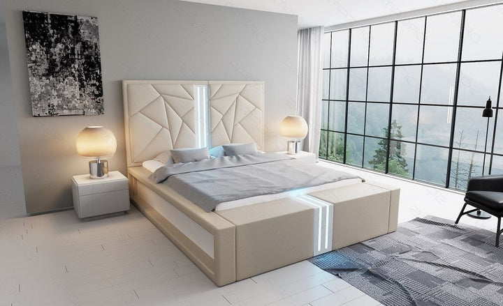 Designerbett Imperia Leder in sandbeige mit weissem Seitenkasten