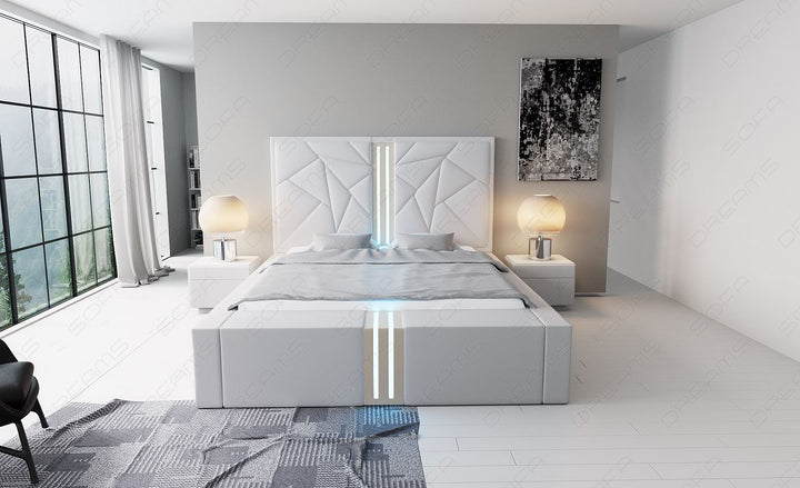 Designerbett Imperia Leder in weiÃŸ mit weissem Seitenkasten