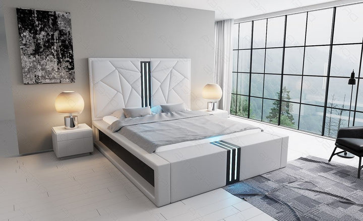 Designerbett Imperia Leder in weiÃŸ mit schwarzem Seitenkasten