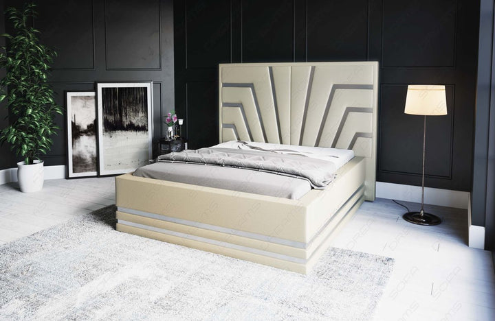 Design Bettgestell Cecina in Beige mit silbernen Zierleisten - Matratze und Lattenrost optional erhÃ¤ltlich