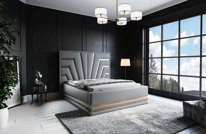 Design Bettgestell Cecina in Grau mit goldenen Zierleisten - Matratze und Lattenrost optional erhÃ¤ltlich