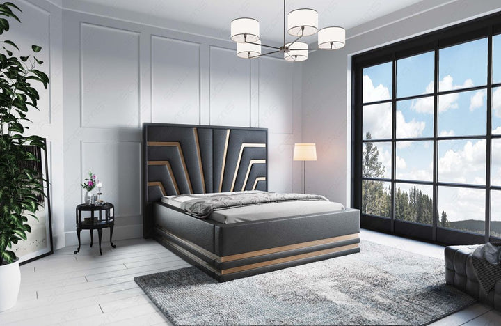 Design Bettgestell Cecina in Schwarz mit goldenen Zierleisten - Matratze und Lattenrost optional erhÃ¤ltlich