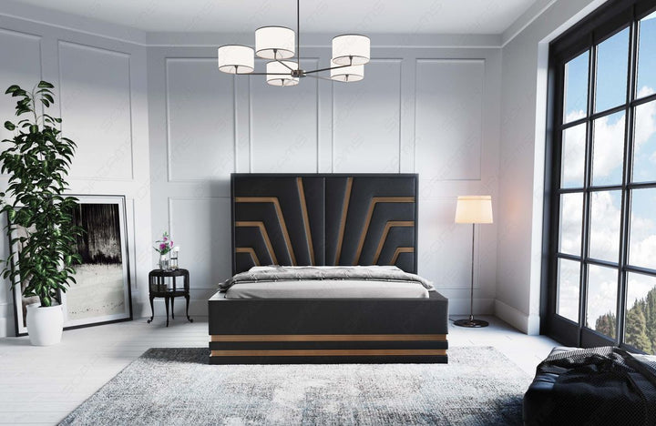 Design Bettgestell Cecina in Schwarz mit goldenen Zierleisten - Matratze und Lattenrost optional erhÃ¤ltlich