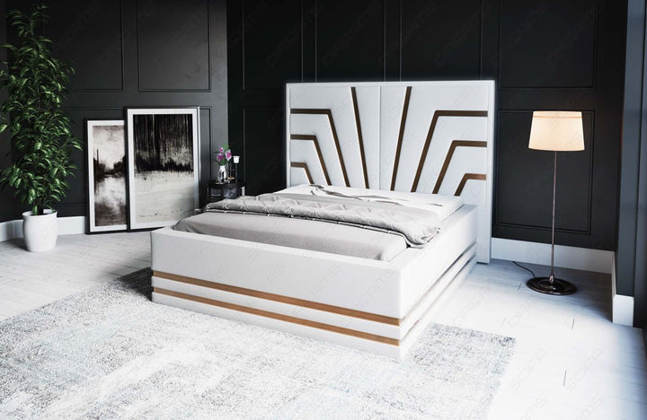 Design Bettgestell Cecina in WeiÃŸ mit goldenen Zierleisten - Matratze und Lattenrost optional erhÃ¤ltlich