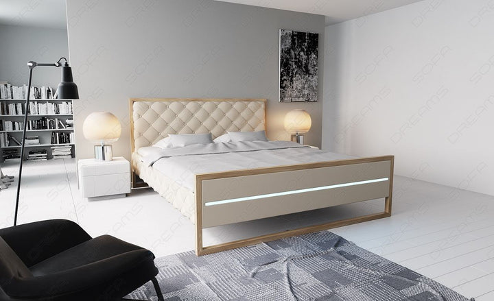 Leder Designerbett Levanto in sandbeige