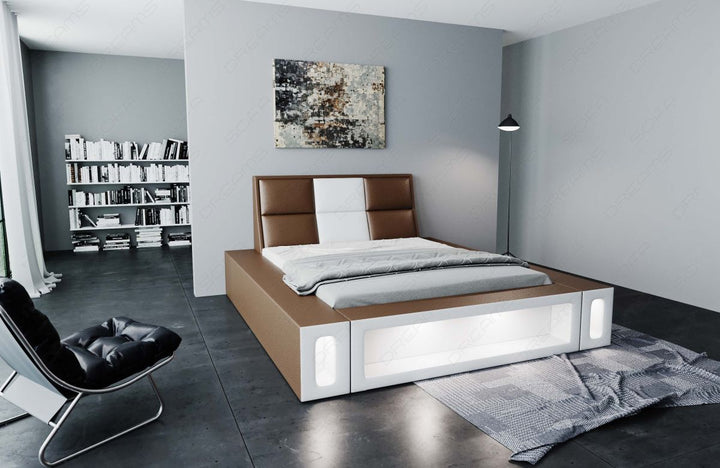Edles Designerbett Venosa mit Kunstlederbezug und LED Beleuchtung in dunkelbraun-weiÃŸ
