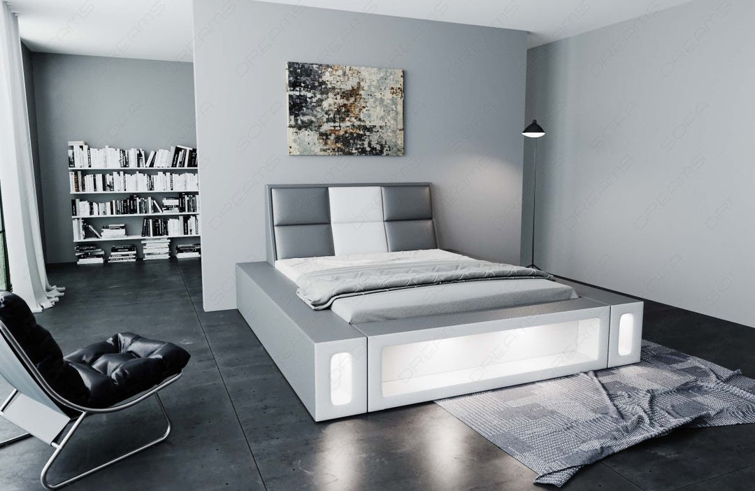 Edles Designerbett Venosa mit Kunstlederbezug und LED Beleuchtung in grau-weiÃŸ