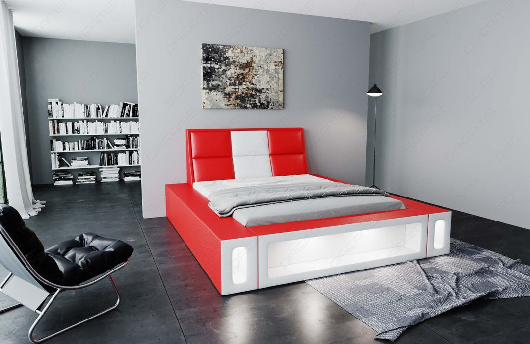 Edles Designerbett Venosa mit Kunstlederbezug und LED Beleuchtung in rot-weiÃŸ
