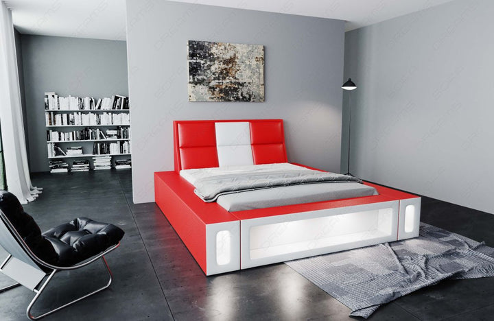 Edles Designerbett Venosa mit Kunstlederbezug und LED Beleuchtung in rot-weiÃŸ
