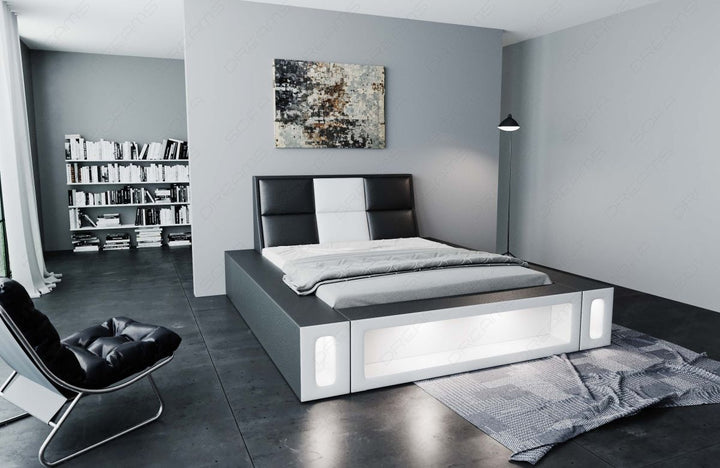 Edles Designerbett Venosa mit Kunstlederbezug und LED Beleuchtung in schwarz-weiÃŸ