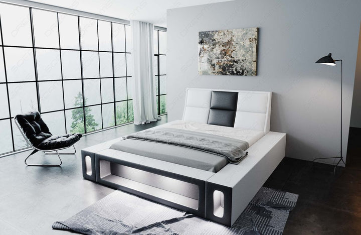 Edles Designerbett Venosa mit Kunstlederbezug und LED Beleuchtung in weiÃŸ-schwarz