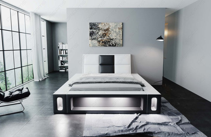 Edles Designerbett Venosa mit Kunstlederbezug und LED Beleuchtung in weiÃŸ-schwarz