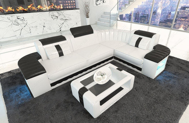 Ledercouch Bergamo L Form LED in weiss-schwarz