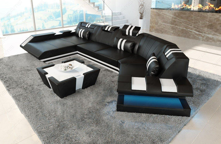 Leder Wohnlandschaft Apollonia C Form Form mit LED in schwarz-weiss
