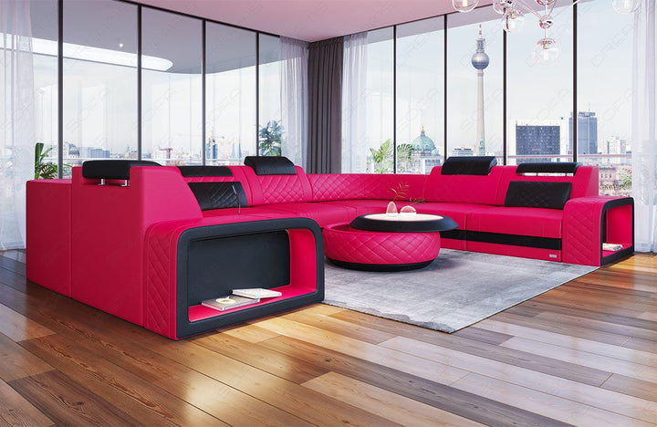 Mini U Form Ledersofa Foggia mit LED in pink - schwarz