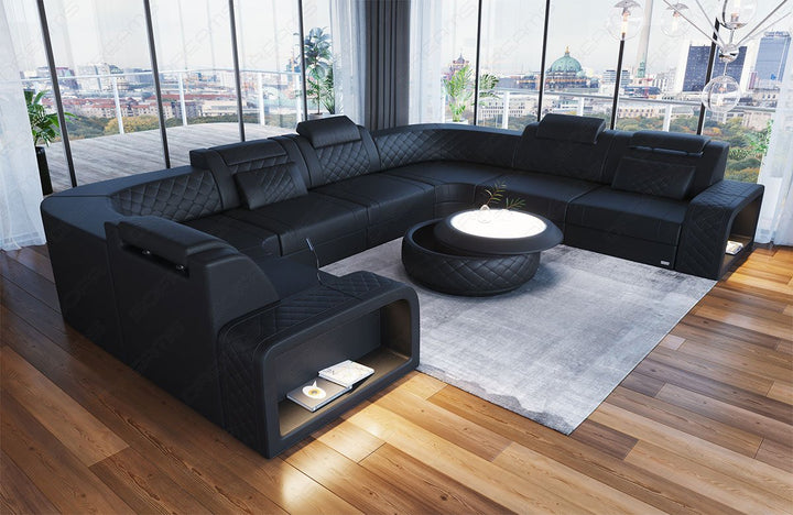 Mini U Form Ledersofa Foggia mit LED in komplett schwarz