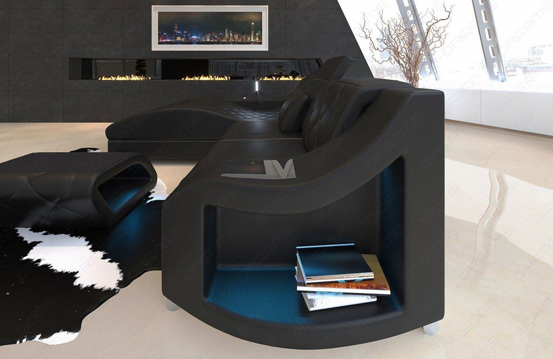 Design Echtleder Sofa Swing beleuchtet mit AblageflÃ¤chen in komplett schwarz