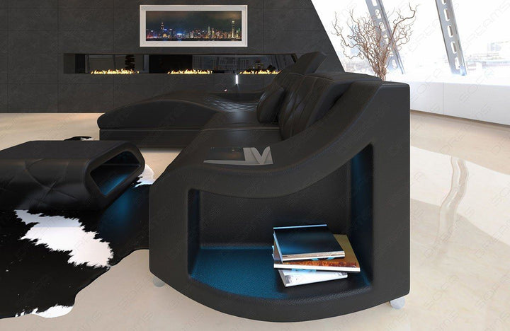 Design Echtleder Sofa Swing beleuchtet mit AblageflÃ¤chen in komplett schwarz