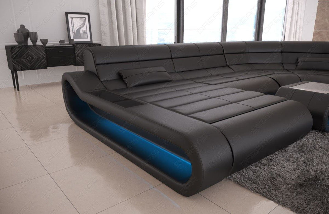 Ledercouch modern LED Concept U Form Farbe schwarz - Detailansicht der groÃŸen Armlehne