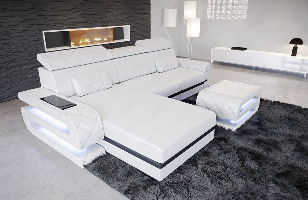 Ledersofa Bologna mit LED Licht und USB in weiss - schwarz
